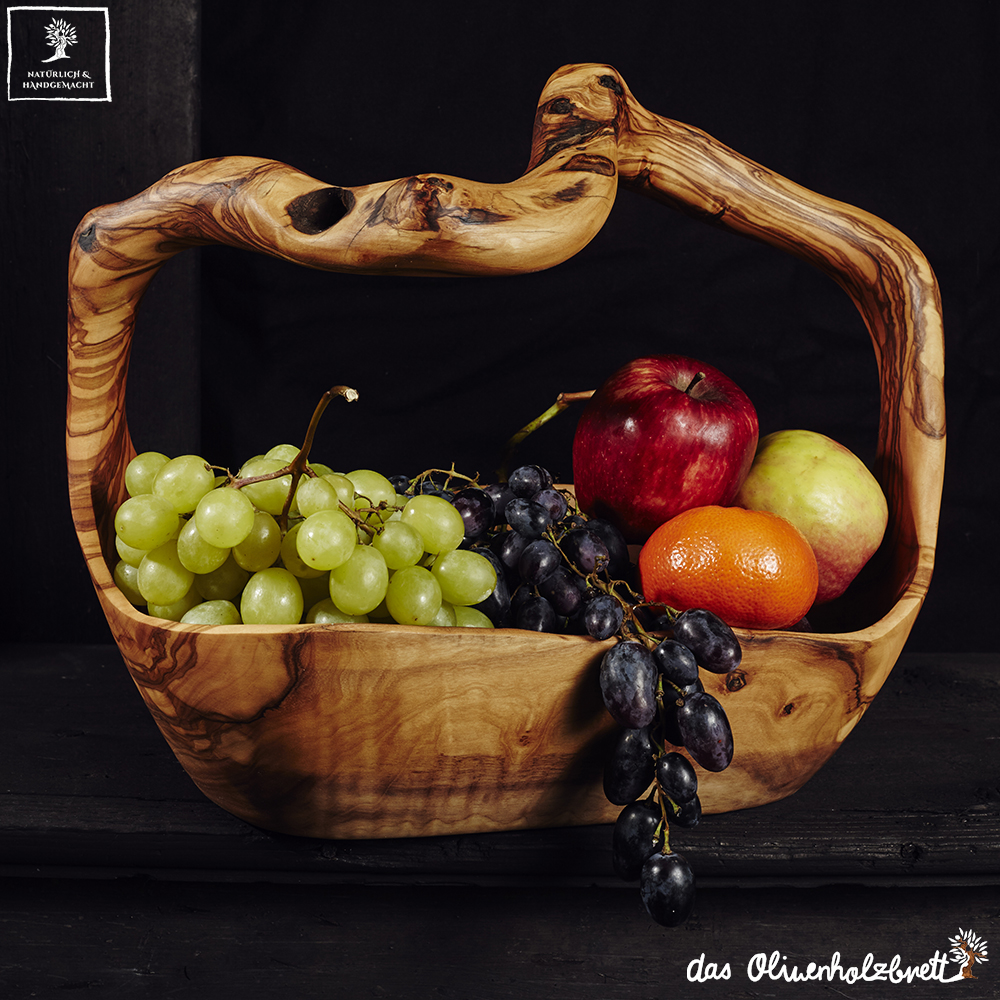 big olive wood basket bowl with fresh fruits as a wedding gift